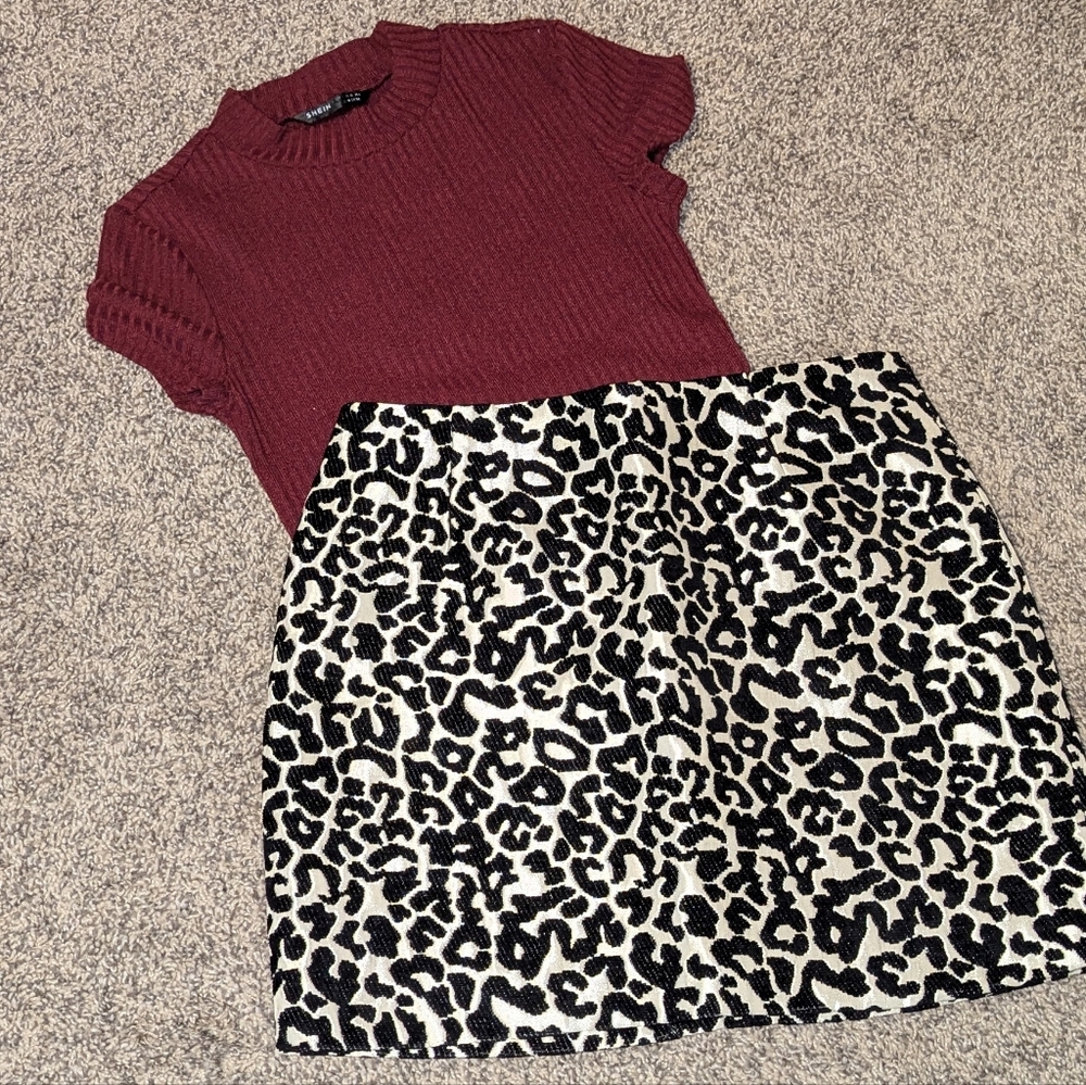 Kendall + Kylie Leopard Print Skirt & Shein Red Mock Neck Red Croptop Size Small